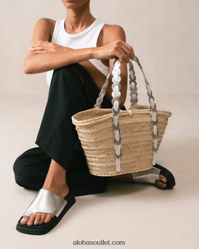 mulheres palmette - bolsa de palha prata e couro branco Alohas 4P88ZX1039 branco prateado brilhante