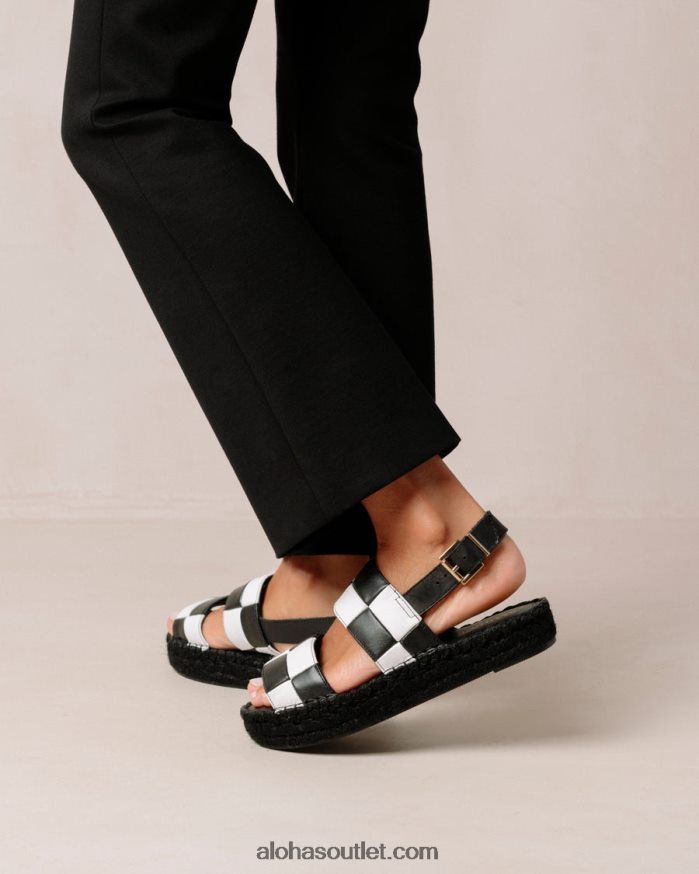 mulheres scacchi de tira dupla - sandália de couro preto e branco Alohas 4P88ZX324 scacchi preto branco/branco
