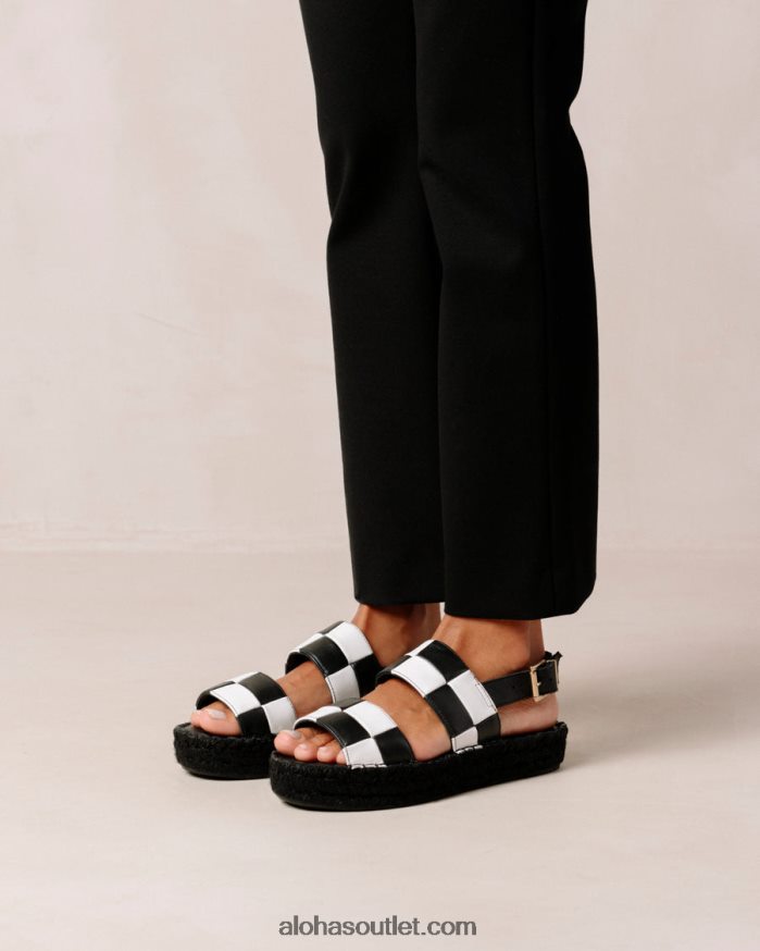 mulheres scacchi de tira dupla - sandália de couro preto e branco Alohas 4P88ZX324 scacchi preto branco/branco