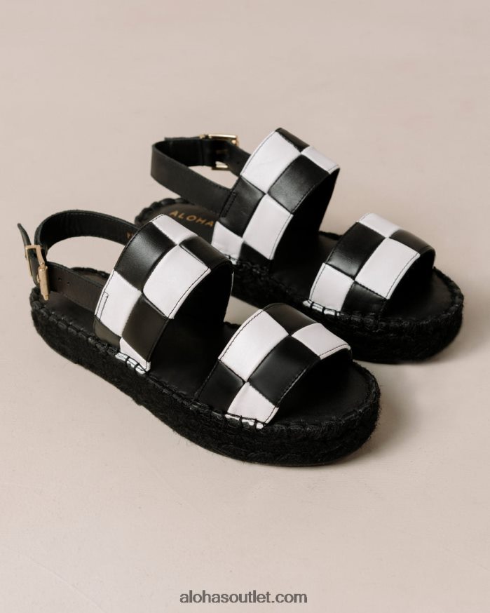 mulheres scacchi de tira dupla - sandália de couro preto e branco Alohas 4P88ZX324 scacchi preto branco/branco