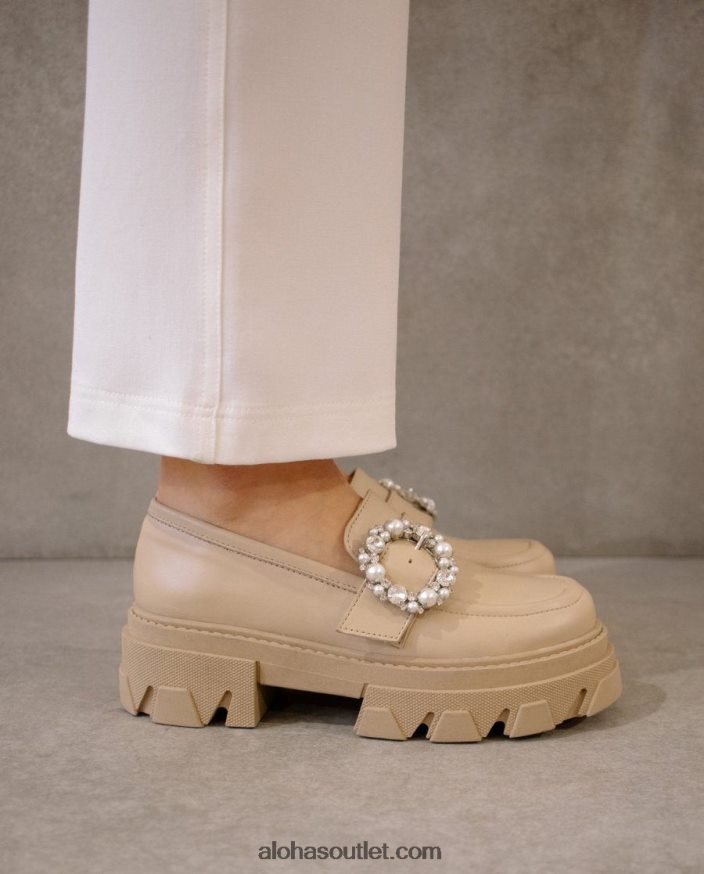 mulheres cristal pioneiro - mocassim de couro bege Alohas 4P88ZX30 pedra de cristal bege