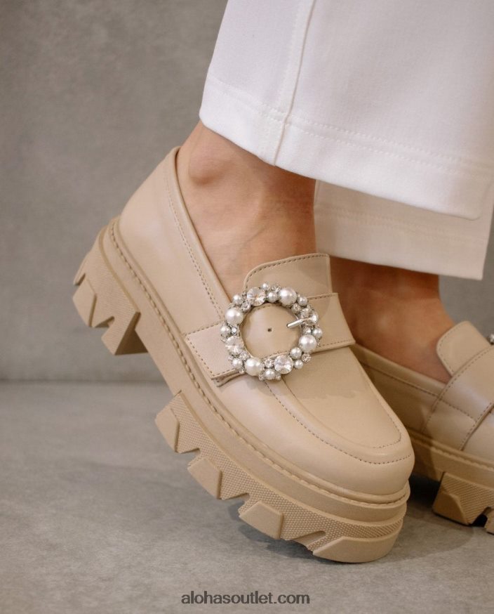 mulheres cristal pioneiro - mocassim de couro bege Alohas 4P88ZX30 pedra de cristal bege