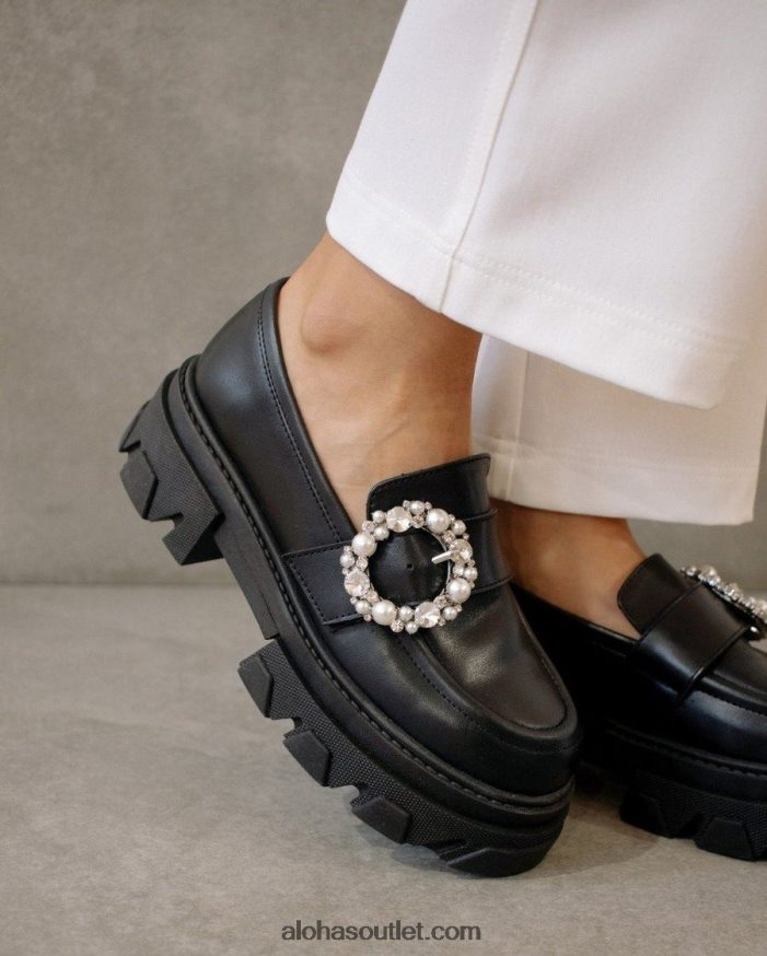 mulheres cristal pioneiro - mocassim de couro preto Alohas 4P88ZX29 cristal preto