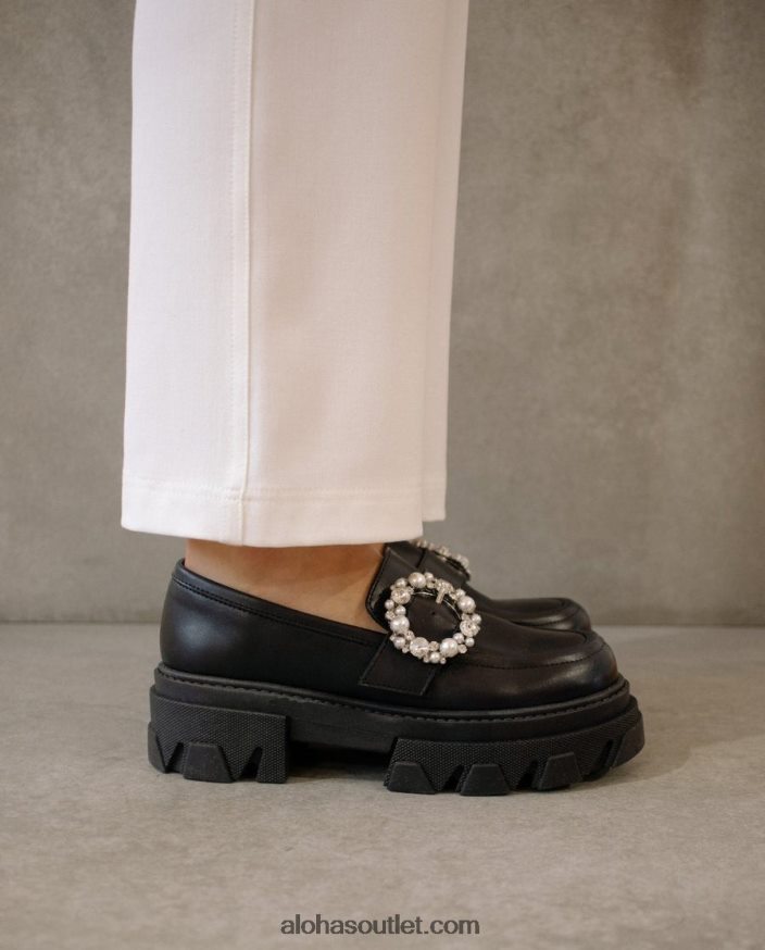 mulheres cristal pioneiro - mocassim de couro preto Alohas 4P88ZX29 cristal preto
