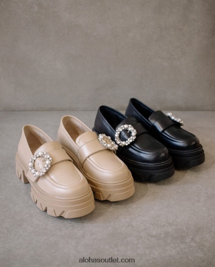 mulheres cristal pioneiro - mocassim de couro preto Alohas 4P88ZX29 cristal preto