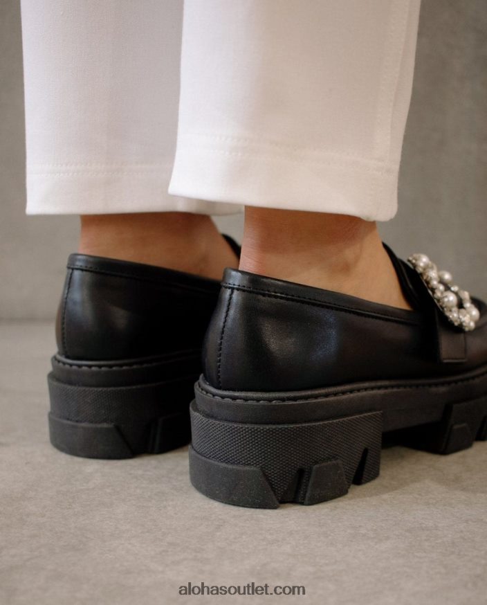 mulheres cristal pioneiro - mocassim de couro preto Alohas 4P88ZX29 cristal preto