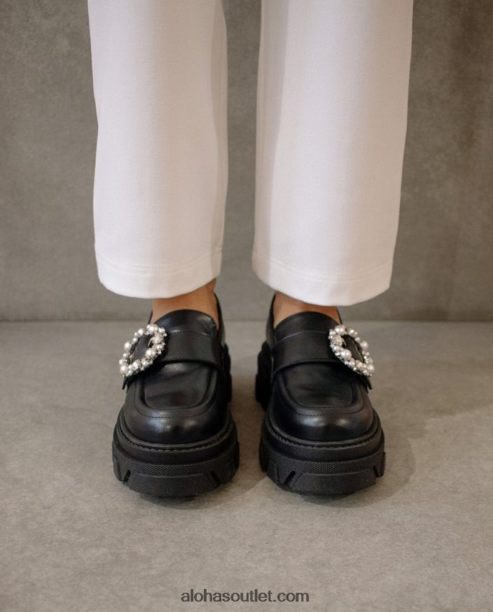 mulheres cristal pioneiro - mocassim de couro preto Alohas 4P88ZX29 cristal preto