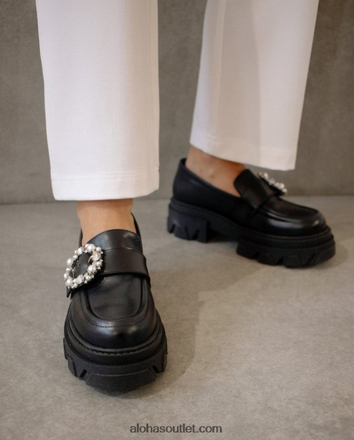 mulheres cristal pioneiro - mocassim de couro preto Alohas 4P88ZX29 cristal preto