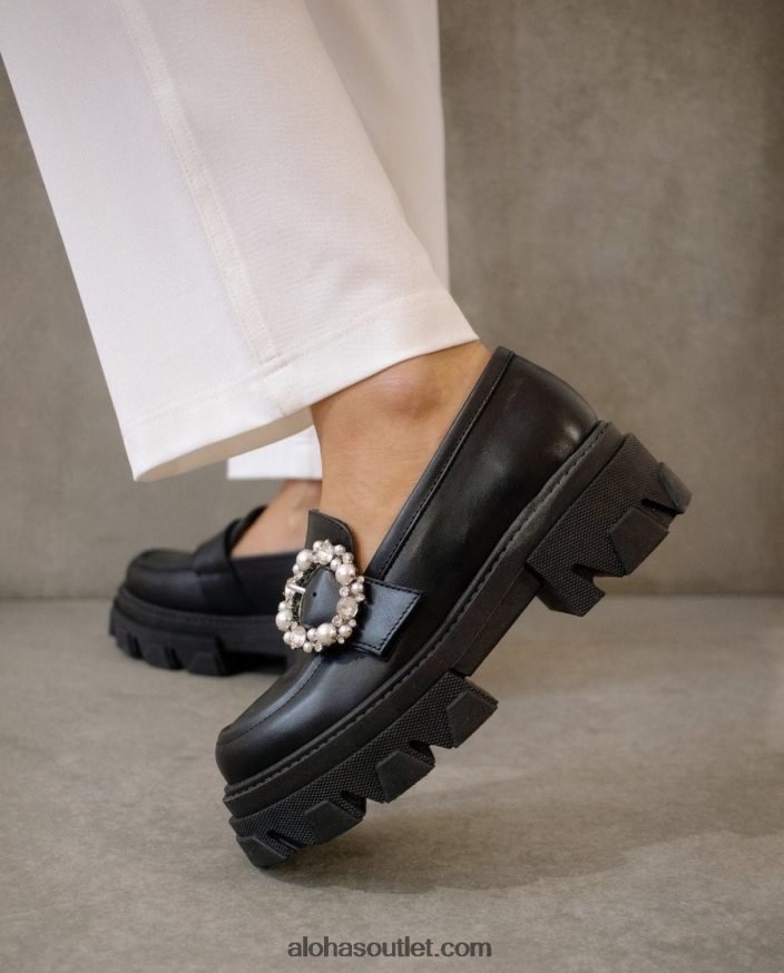 mulheres cristal pioneiro - mocassim de couro preto Alohas 4P88ZX29 cristal preto