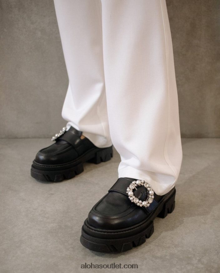 mulheres cristal pioneiro - mocassim de couro preto Alohas 4P88ZX29 cristal preto