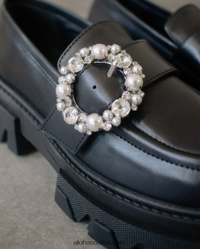 mulheres cristal pioneiro - mocassim de couro preto Alohas 4P88ZX29 cristal preto