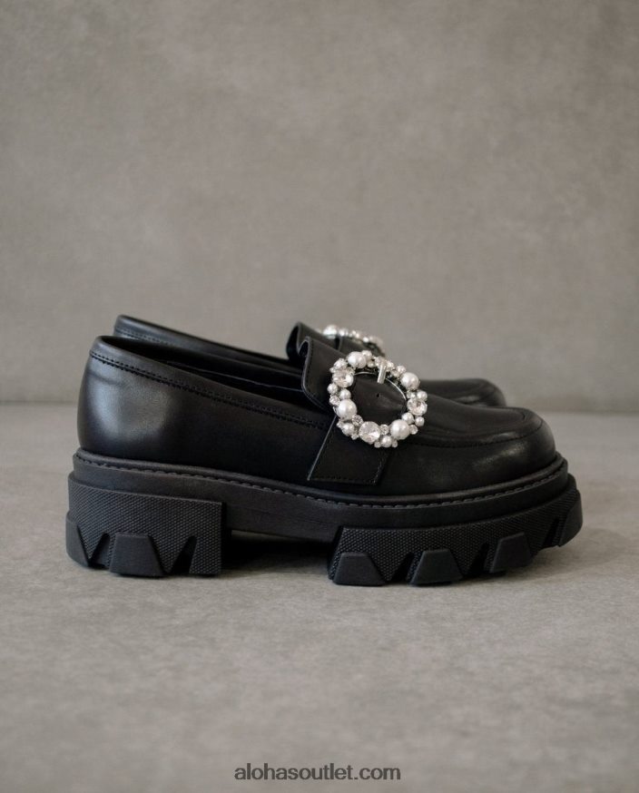 mulheres cristal pioneiro - mocassim de couro preto Alohas 4P88ZX29 cristal preto