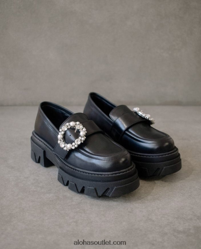 mulheres cristal pioneiro - mocassim de couro preto Alohas 4P88ZX29 cristal preto
