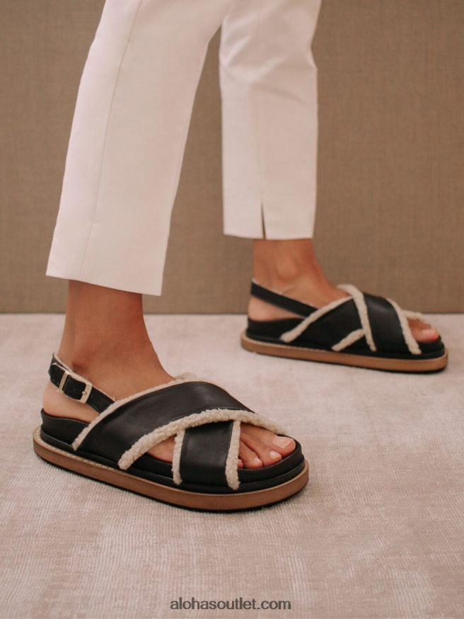 mulheres marshmallow - sandália preta de couro e shearling Alohas 4P88ZX112 preto